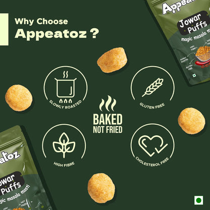 Appeatoz Jowar Puffs - Magic Masala | Roasted, Not Fried | Gluten-Free & High Protein | No Added Sugar | Healthy Baked Snack for Kids & Adults | Sorghum-Based | Crunchy Snack | Pack of 5