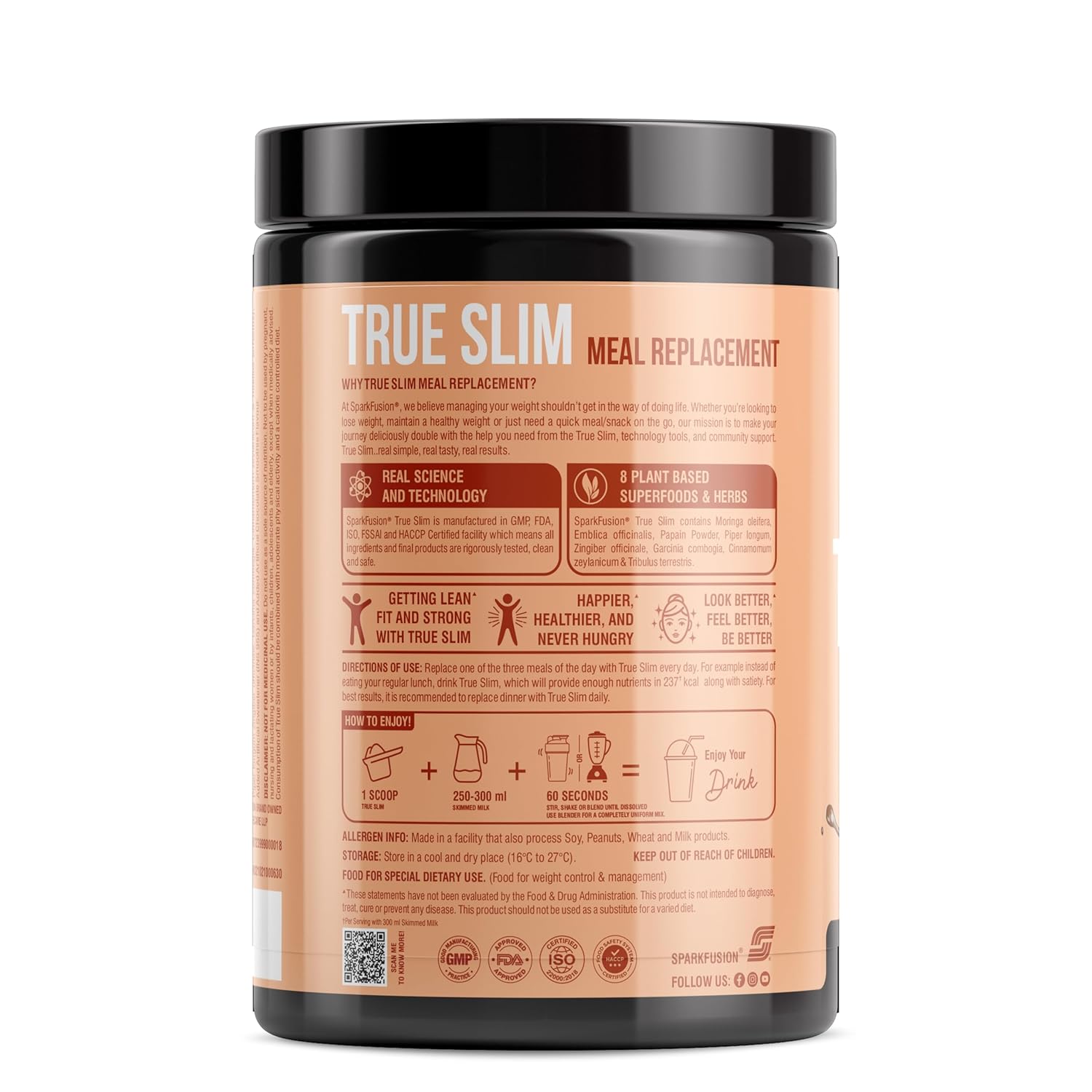 Sparkfusion True Slim Protein Powder Meal Replacement Shake | For Weight Control And Management | 23 gm Protein With 8 Ayurvedic Superfood | Sugar Free | For Men and Women (Chocolate Smoothie, 500 gm)