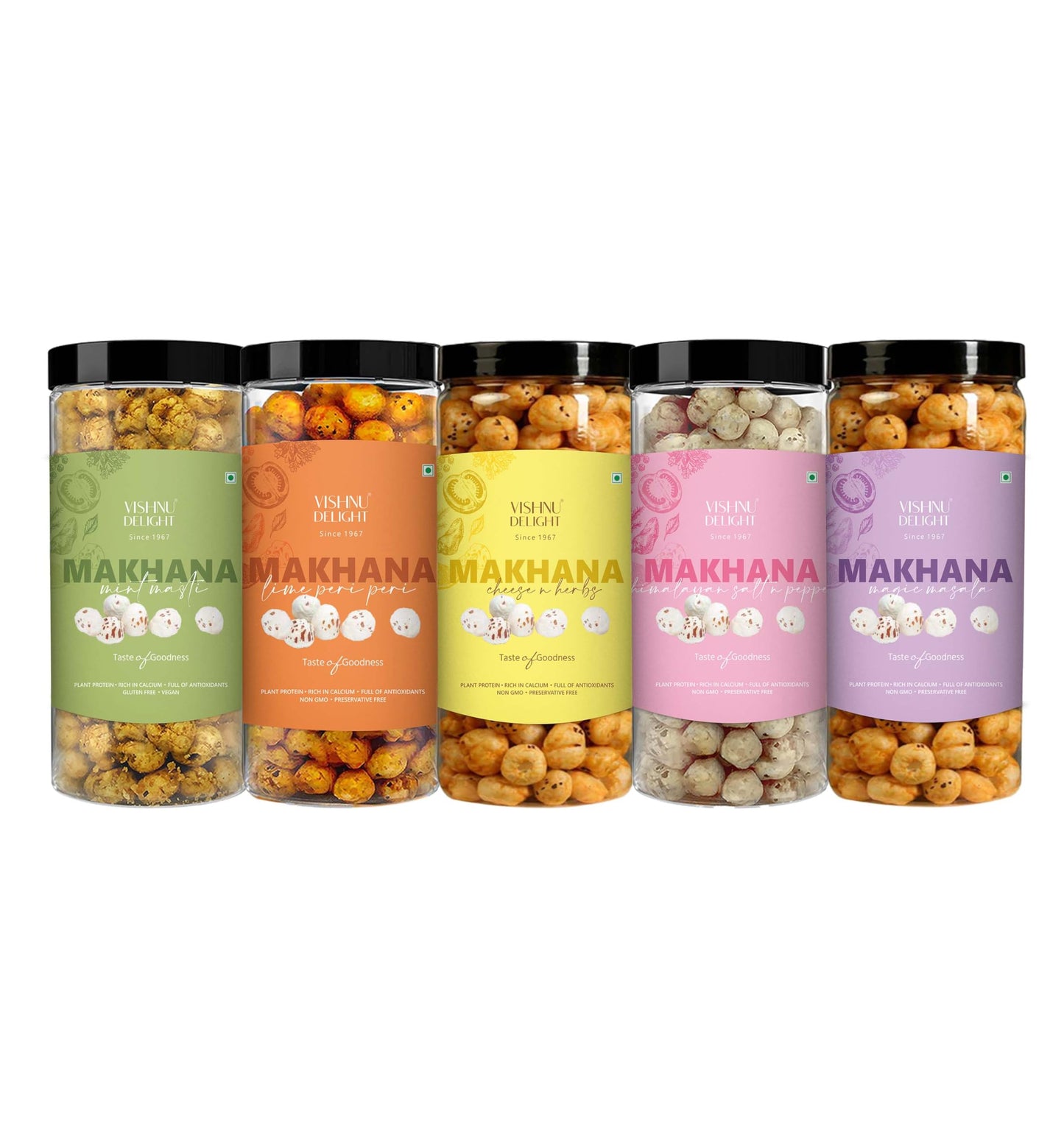 Vishnu Delight Roasted Makhana Combo Pack - 4 of 90g Each flavor - Mint Masti, Fiery Peri Peri, Tangy Tomato, Himalayan Salt & Pepper - Crunchy, Deliciously, and Full of Flavorful Indian Spices Snacks