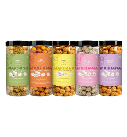 Vishnu Delight Roasted Makhana Combo Pack - 4 of 90g Each flavor - Mint Masti, Fiery Peri Peri, Tangy Tomato, Himalayan Salt & Pepper - Crunchy, Deliciously, and Full of Flavorful Indian Spices Snacks