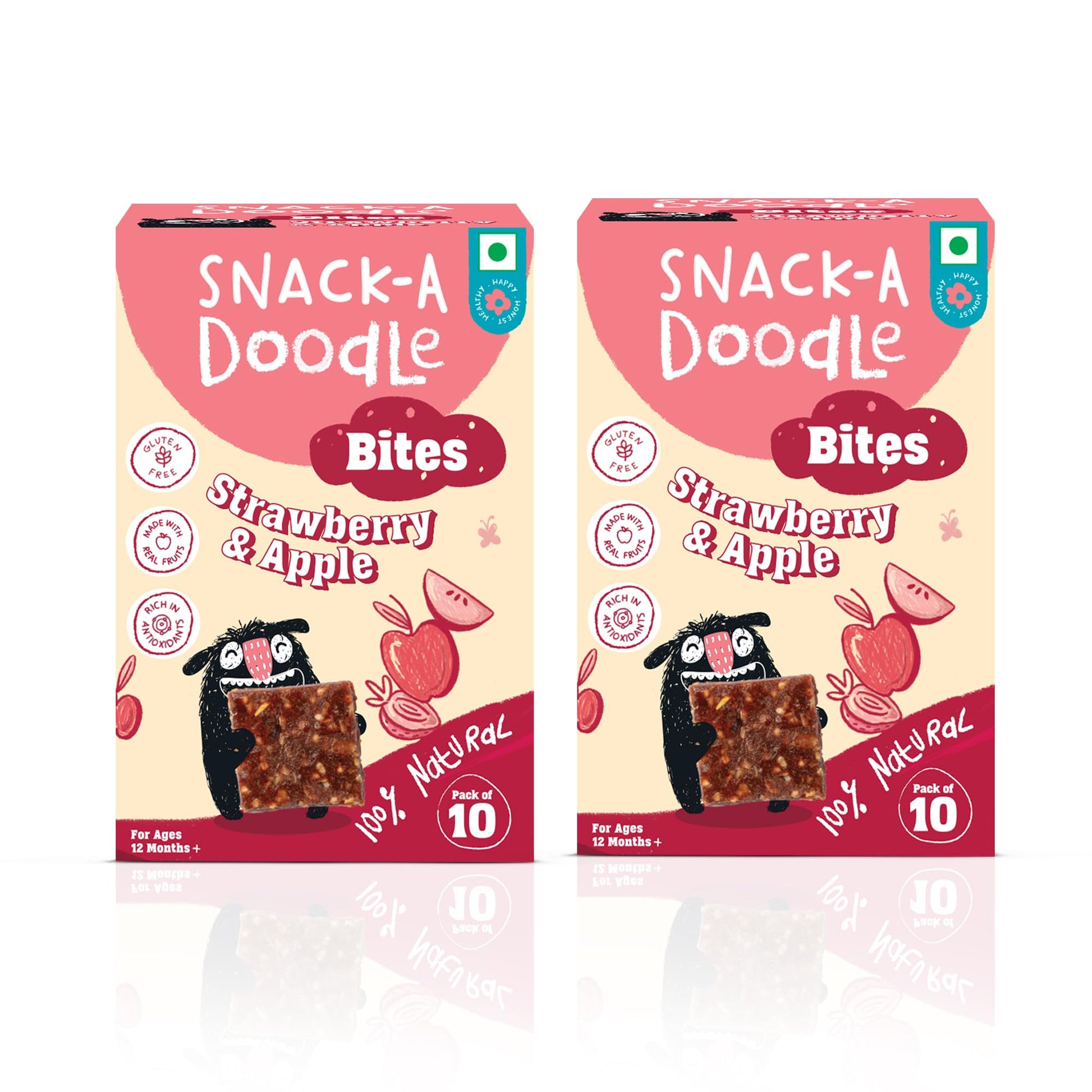 Snack-a-Doodle Strawberry Apple Bites | Nutritious Healthy Snacks for Kids | No Added Sugar | Sweetened with Fruits | Vegan & Gluten-Free | Perfect for Tiffin, Evening Snacks & Travel | 150g