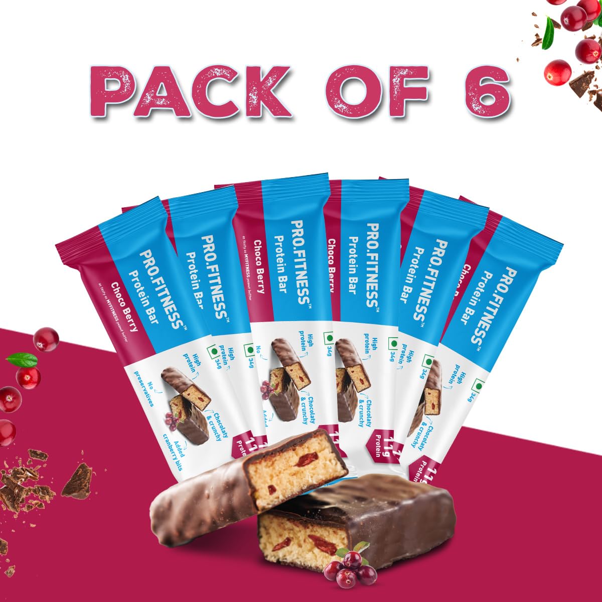 PRO.FITNESS Choco Berry Protein Bars | 11g Protein | No Added Sugar, No Preservatives, No Trans Fat | Healthy & Tasty Protein Bars | Pre-Post Workout Snack | Protein Chocolate Bars (34g x Pack of 6)
