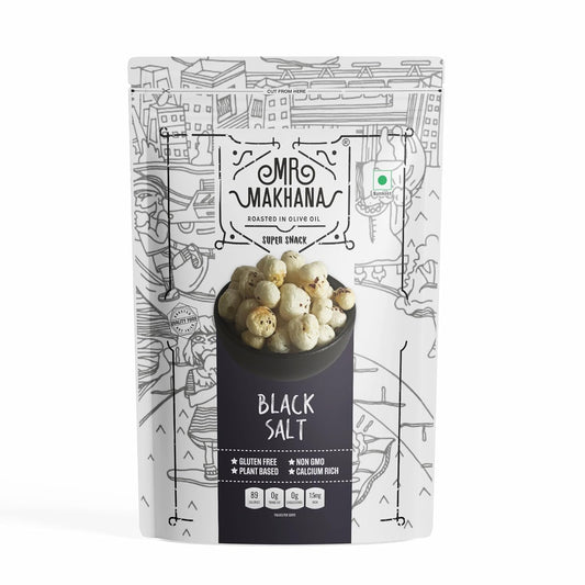 Mr. Makhana Roasted Makhana and Foxnuts | Healthy Snacks | Gluten Free | MSG Free | Antioxidant | Rich Calcium | Zero Trans Fat | Zero cholesterol (Black Salt) 55g