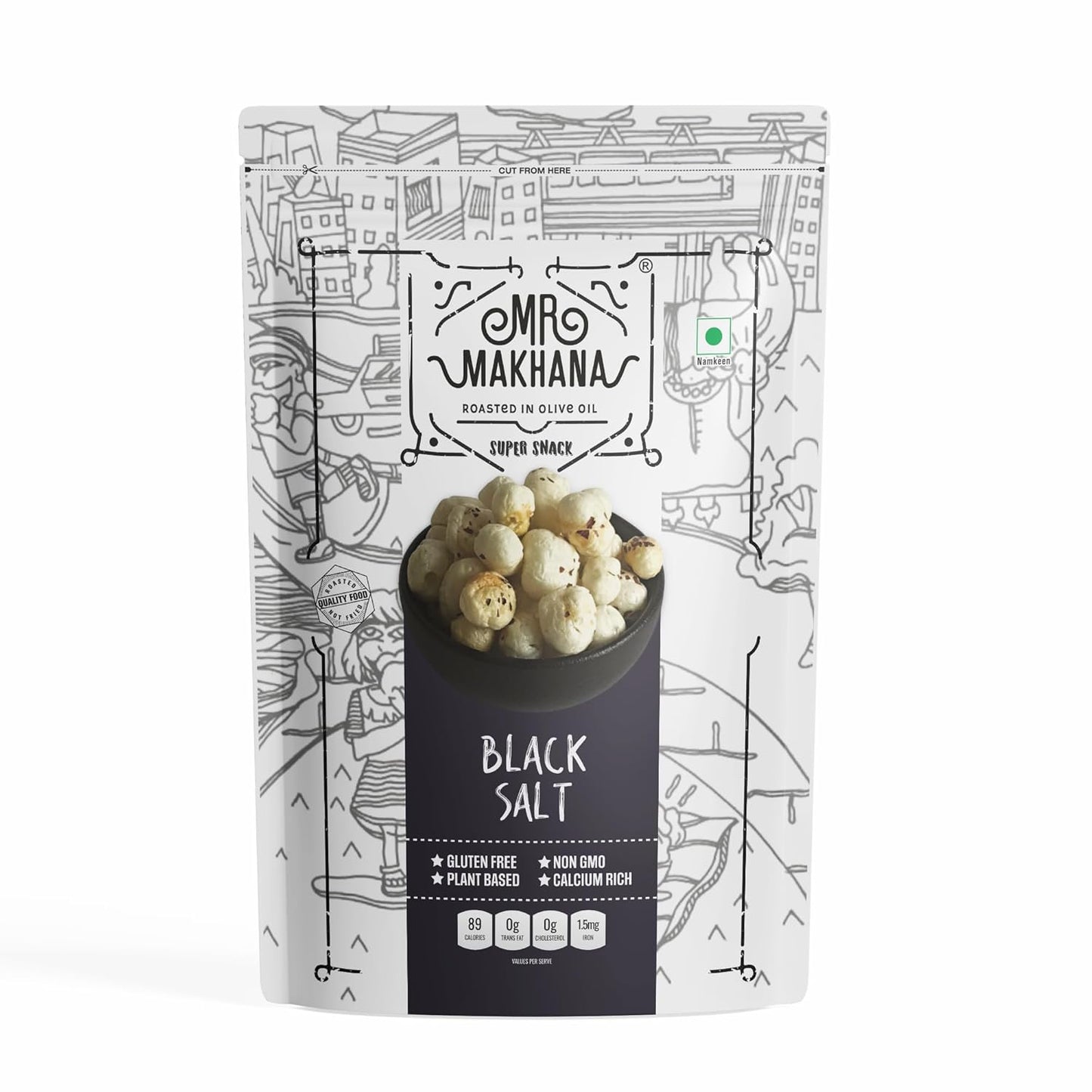 Mr. Makhana Roasted Makhana and Foxnuts | Healthy Snacks | Gluten Free | MSG Free | Antioxidant | Rich Calcium | Zero Trans Fat | Zero cholesterol (Black Salt) 55g
