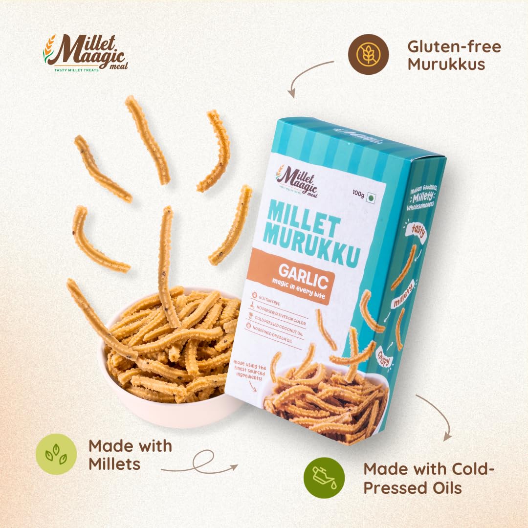 Millet Maagic Meal Garlic Murukku - 100 G (Pack of 2) | Crispy & Healthy Millet Chakli | Gluten-Free Snack | No Palm Oil | Made with Cold-Pressed Oil | South Indian Namkeen