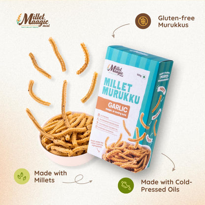 Millet Maagic Meal Garlic Murukku - 100 G (Pack of 2) | Crispy & Healthy Millet Chakli | Gluten-Free Snack | No Palm Oil | Made with Cold-Pressed Oil | South Indian Namkeen