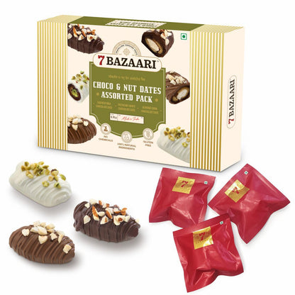 7 BAZAARI™ Premium Choco & Nut Dates - No Added Sugar, Gluten Free, Natural Ingredients - Assorted Almond Dark Chocolate, Cashew Milk Chocolate- 6pcs (Pack of 1)