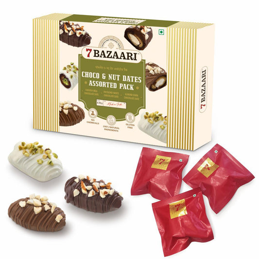 7 BAZAARI™ Premium Choco & Nut Dates - No Added Sugar, Gluten Free, Natural Ingredients - Assorted Almond Dark Chocolate, Cashew Milk Chocolate- 6pcs (Pack of 1)