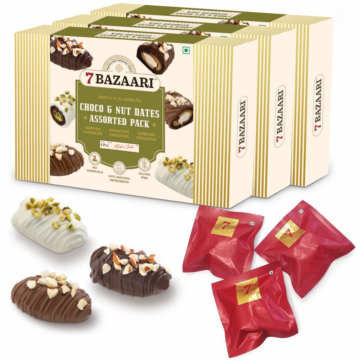 7 BAZAARI™ Premium Choco & Nut Dates - No Added Sugar, Gluten Free, Natural Ingredients - Assorted Almond Dark Chocolate, Cashew Milk Chocolate- 6pcs (Pack of 1)