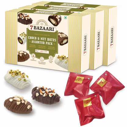 7 BAZAARI™ Premium Choco & Nut Dates - No Added Sugar, Gluten Free, Natural Ingredients - Assorted Almond Dark Chocolate, Cashew Milk Chocolate- 6pcs (Pack of 1)