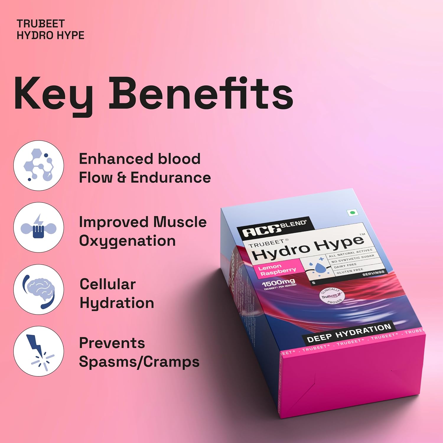 Ace Blend Hydro Hype (5 Sachets) | Boosts Energy & Blood Flow | Instant Hydration | Full-Spectrum Electrolytes | 100% Natural Beetroot Extract Multi Vitamins & Minerals | Lemon Raspberry
