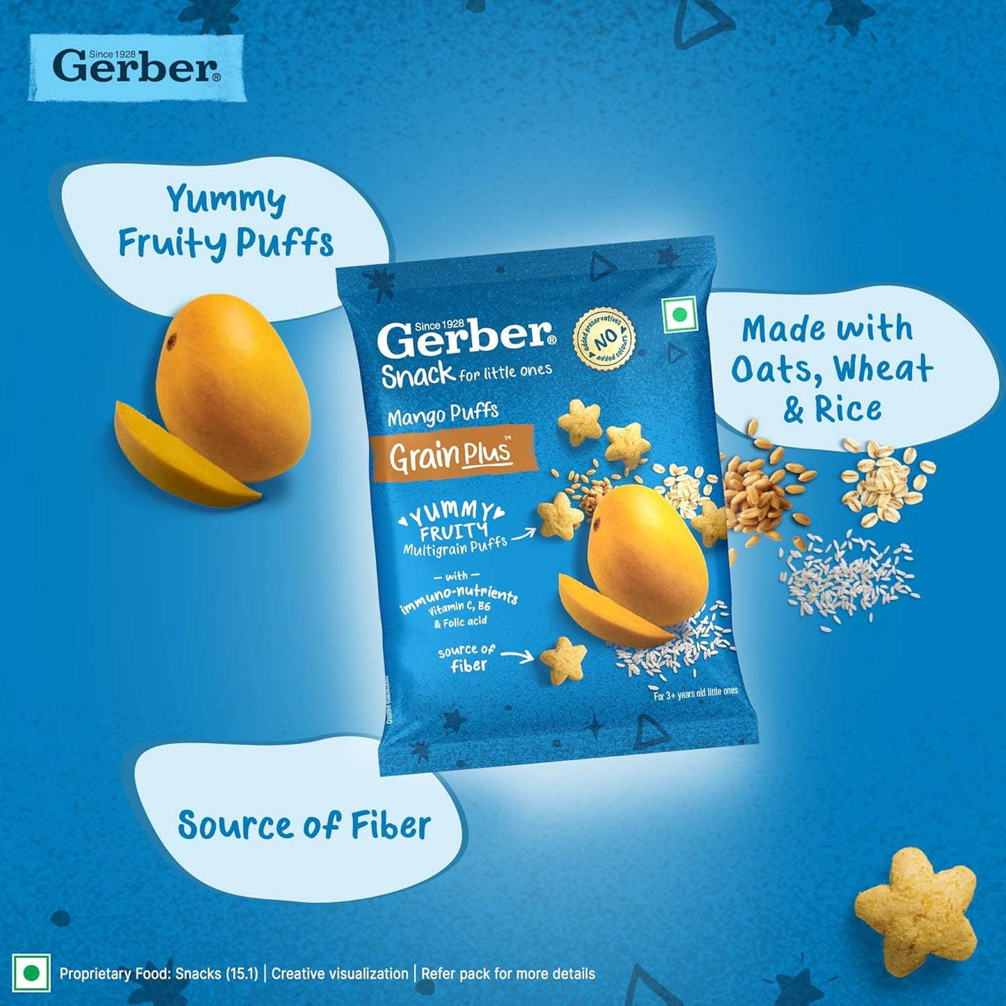 Gerber Snacks Mango Puffs for Kids, Yummy and Nutritious, Made with Multigrain Oats, Wheat & Rice, No Added Colors or Preservatives, Travel Friendly & Ready to Eat Snack For Children, 150g (6X25g)