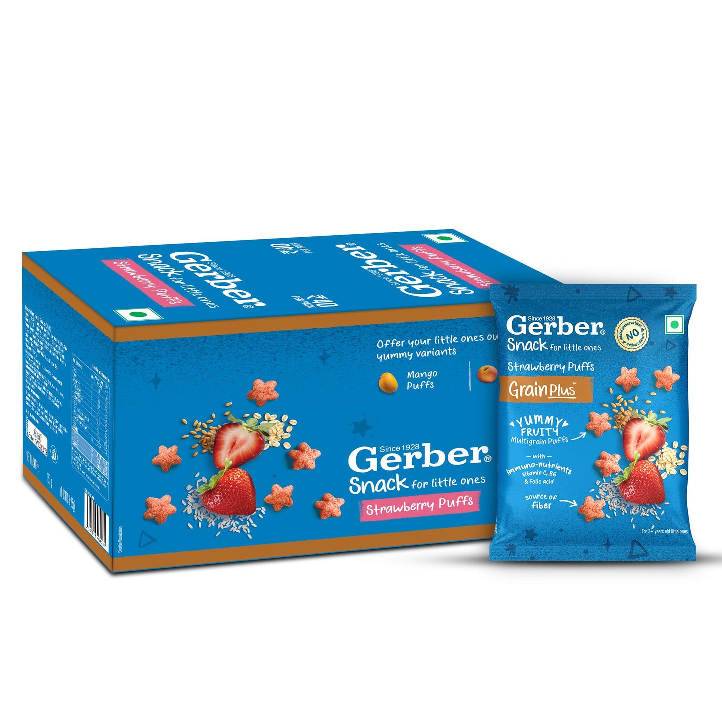 Gerber Snacks Mango Puffs for Kids, Yummy and Nutritious, Made with Multigrain Oats, Wheat & Rice, No Added Colors or Preservatives, Travel Friendly & Ready to Eat Snack For Children, 150g (6X25g)