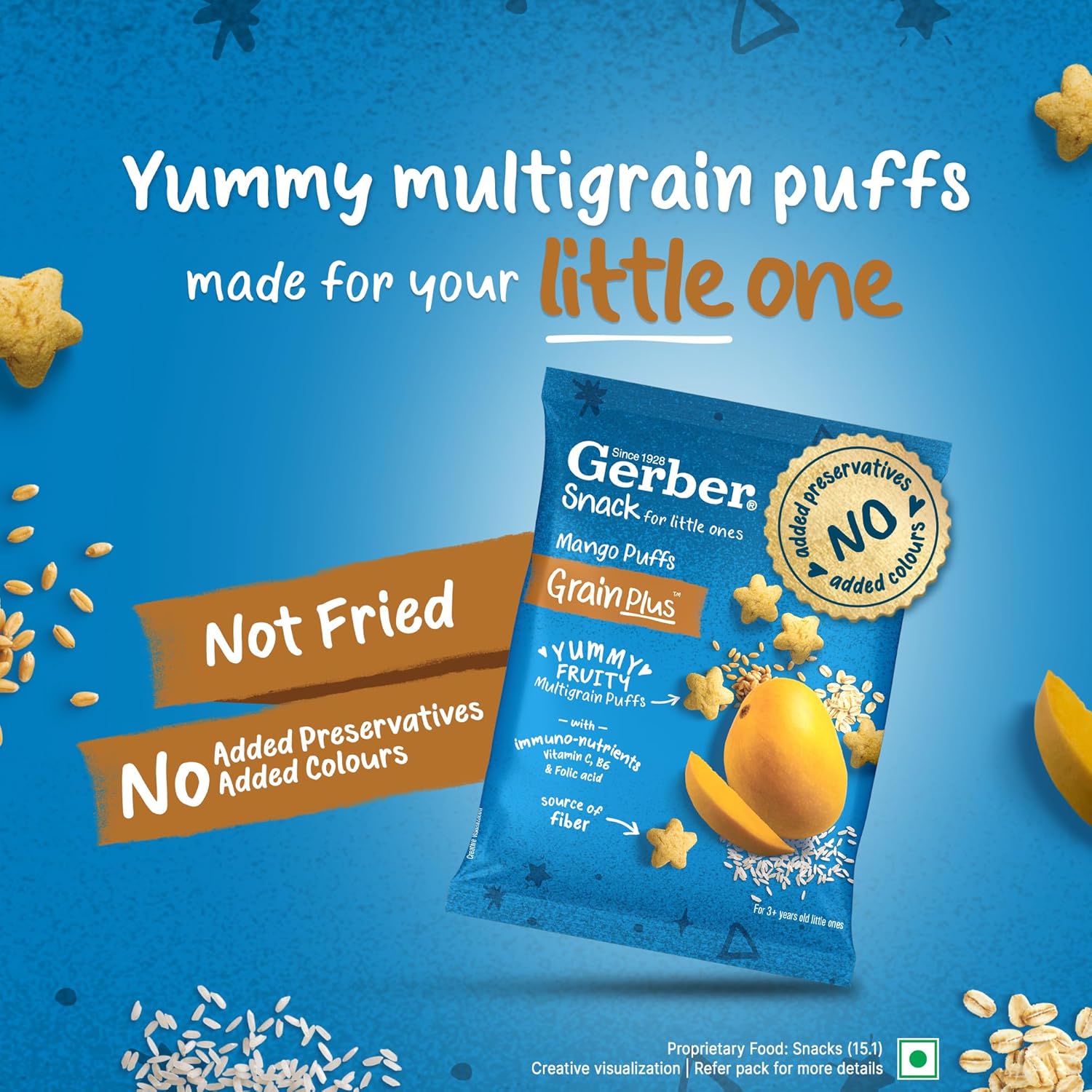 Gerber Snacks Mango Puffs for Kids, Yummy and Nutritious, Made with Multigrain Oats, Wheat & Rice, No Added Colors or Preservatives, Travel Friendly & Ready to Eat Snack For Children, 150g (6X25g)