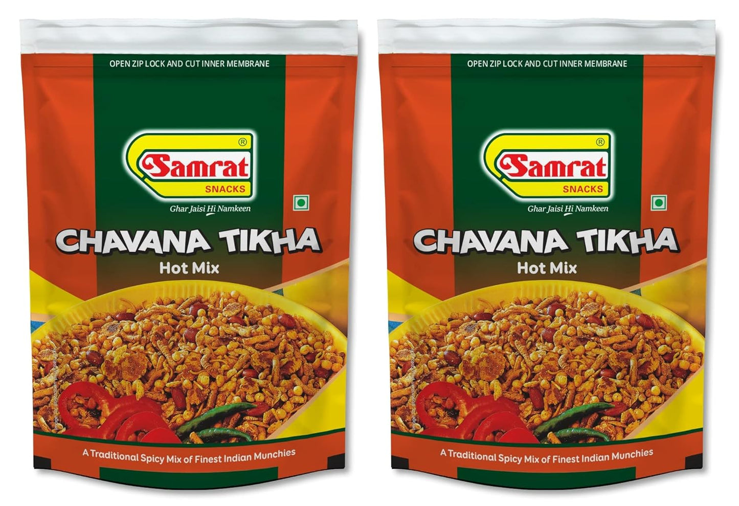 SAMRAT| CHAVANA TIKHA Hot Mix Munchies Crunchy & Spicy Taste Namkeen|Ghar Jaisi Hi Namkeen|Healthy Snacks|Every Day Fresh Indian Snacks| (PACK OF 2 (2X200G))
