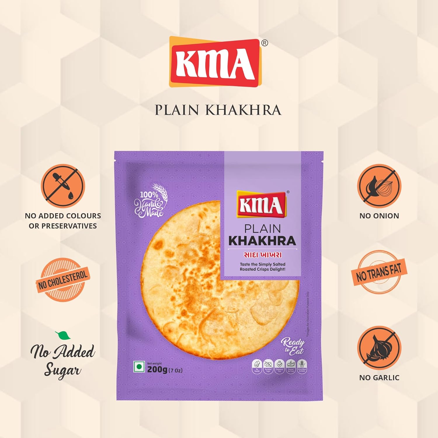 KMA Roasted Plain Khakhra 200 grams - Handmade Fresh Jain Gujarati Khakhra (Plain Salted Flavor), Ready to Eat Indian Snacks, 100% Natural Whole Wheat Snack without Maida, Vacuum Packed for Freshness