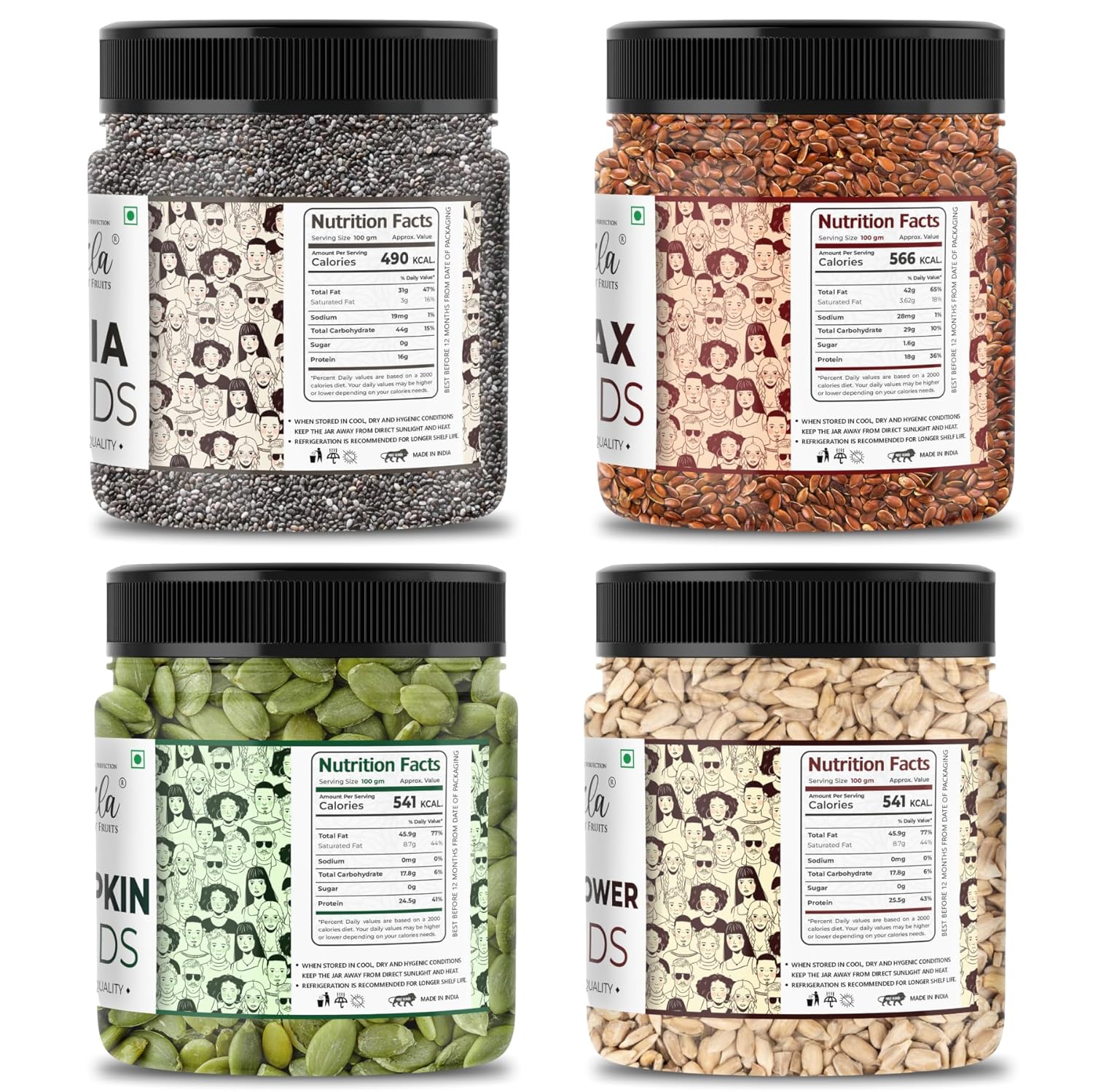LILA DRY FRUITS 4 Superseed Combo (Chia, Pumpkin, Sunflower & Flax) 250gms each (1kg total) Jar Pack |Immunity combo for Weight Loss | Mix Seeds for Eating | Diet Snacks | Superfood