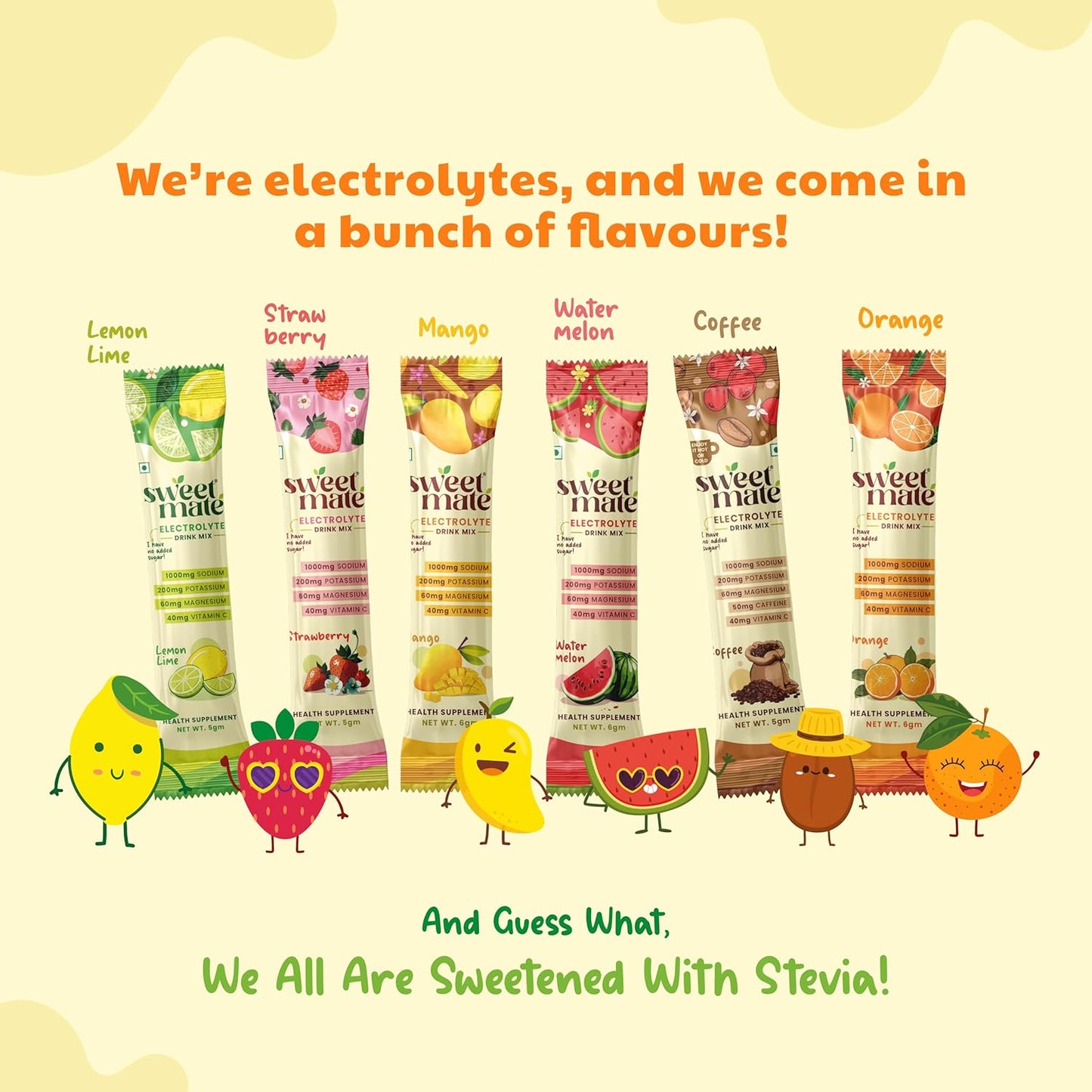 Sweetmate Sugar-Free Assorted Electrolyte Drink Mix Sweetened With Stevia -5g (30 Sachet) No Preservatives and Chemicals |Offers 10x more Electrolyte | Keto Friendly, Vegan