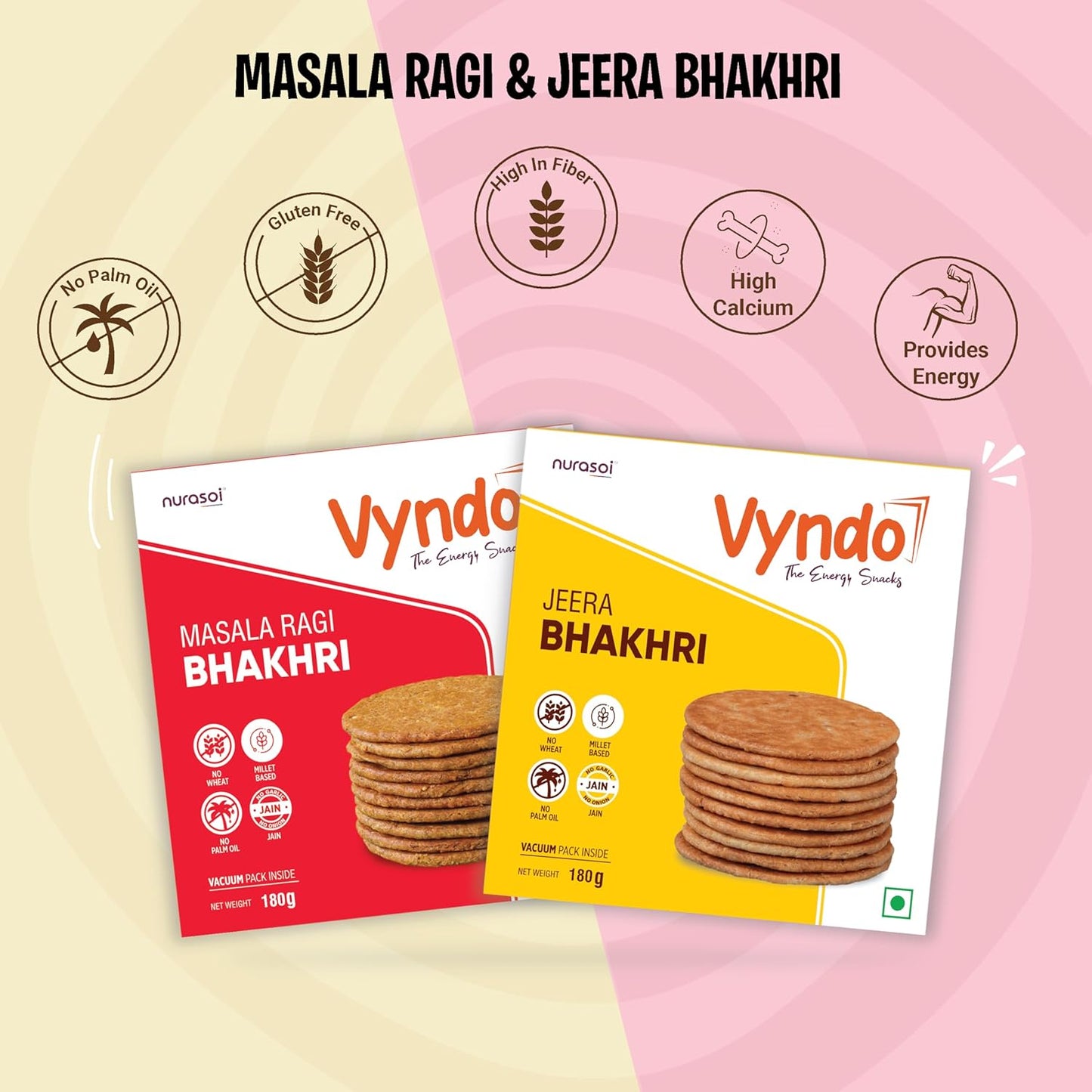 Vyndo Jain Bhakhri Combo - 180 gm each (Jeera Bhakhri Pack 2 + Masala Raagi Bhakhri Pack 2), Millet Snacks | Healthy Snacks, Gluten free, No Garlic, No Onion