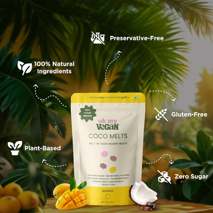 Oh My Vegan Mango Coco Melts - New Innovative Treats - Healthy Snacks for Adults And Kids - Gluten Free - Freeze Dried - Vegan Snacks - Freeze Dried Fruits - Gourmet Dessert Treat for Snacking & Gifting - 40g