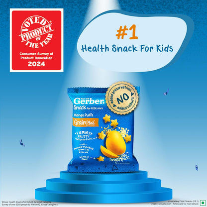 Gerber Snacks Mango Puffs for Kids, Yummy and Nutritious, Made with Multigrain Oats, Wheat & Rice, No Added Colors or Preservatives, Travel Friendly & Ready to Eat Snack For Children, 150g (6X25g)