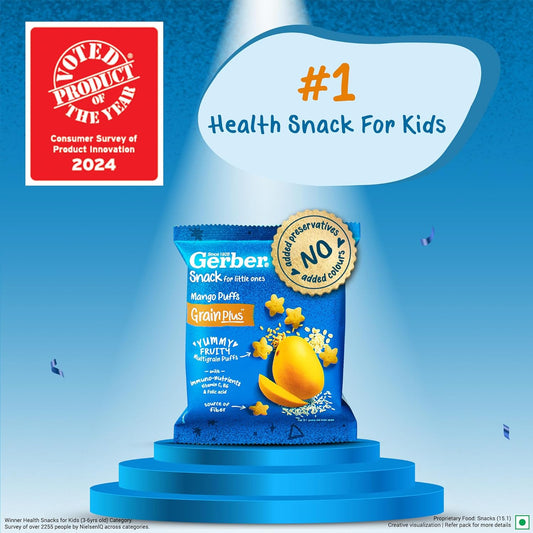Gerber Snacks Mango Puffs for Kids, Yummy and Nutritious, Made with Multigrain Oats, Wheat & Rice, No Added Colors or Preservatives, Travel Friendly & Ready to Eat Snack For Children, 150g (6X25g)