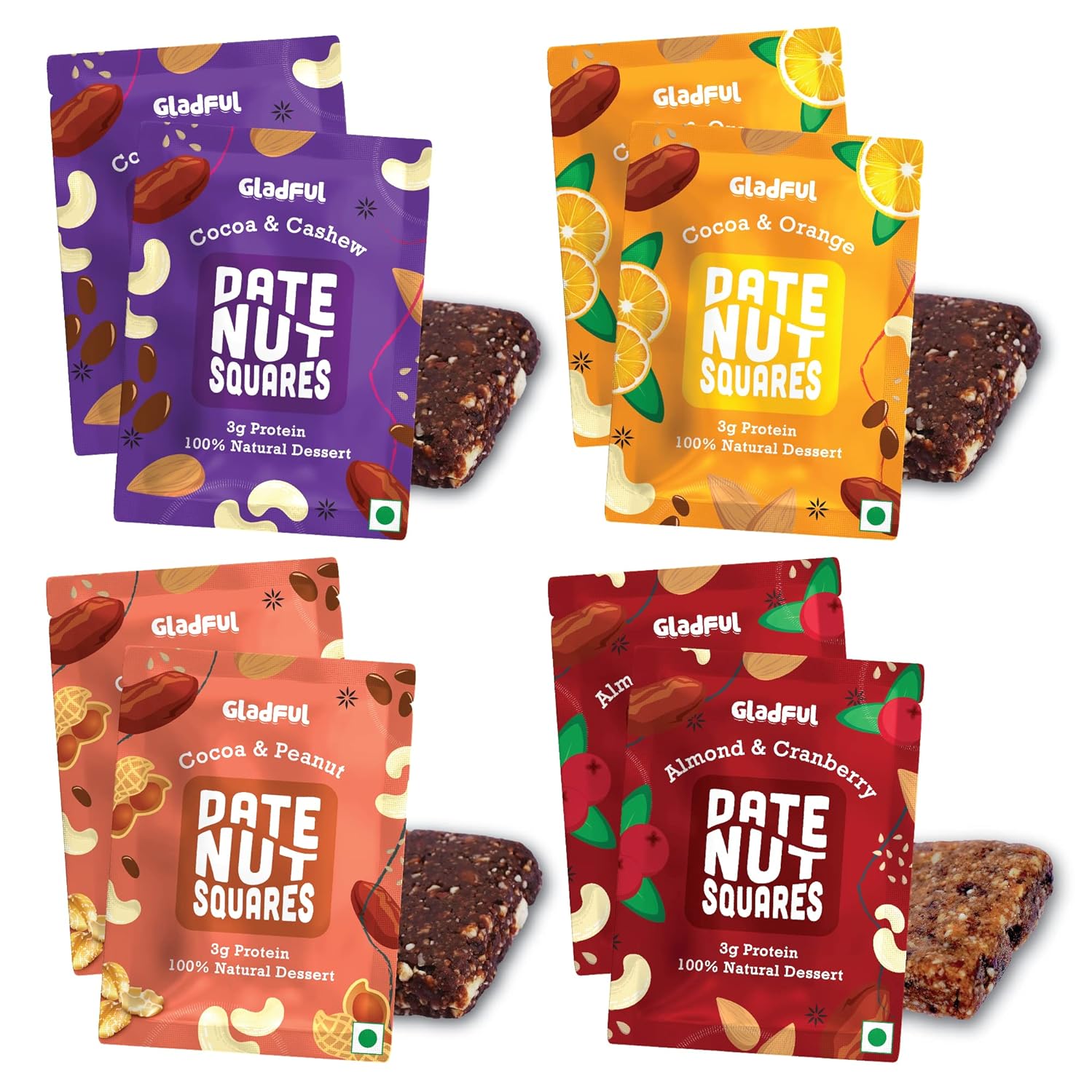 Gladful Assorted Pack Of Date Nut Square - A Healthy, Sugar-Free, Dates And Dry Fruits Based Dessert Bites/ Barfi/Chakki For Kids And Families | High In Protein Source Of Instant Energy (20Gram X 8)