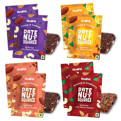 Gladful Assorted Pack Of Date Nut Square - A Healthy, Sugar-Free, Dates And Dry Fruits Based Dessert Bites/ Barfi/Chakki For Kids And Families | High In Protein Source Of Instant Energy (20Gram X 8)