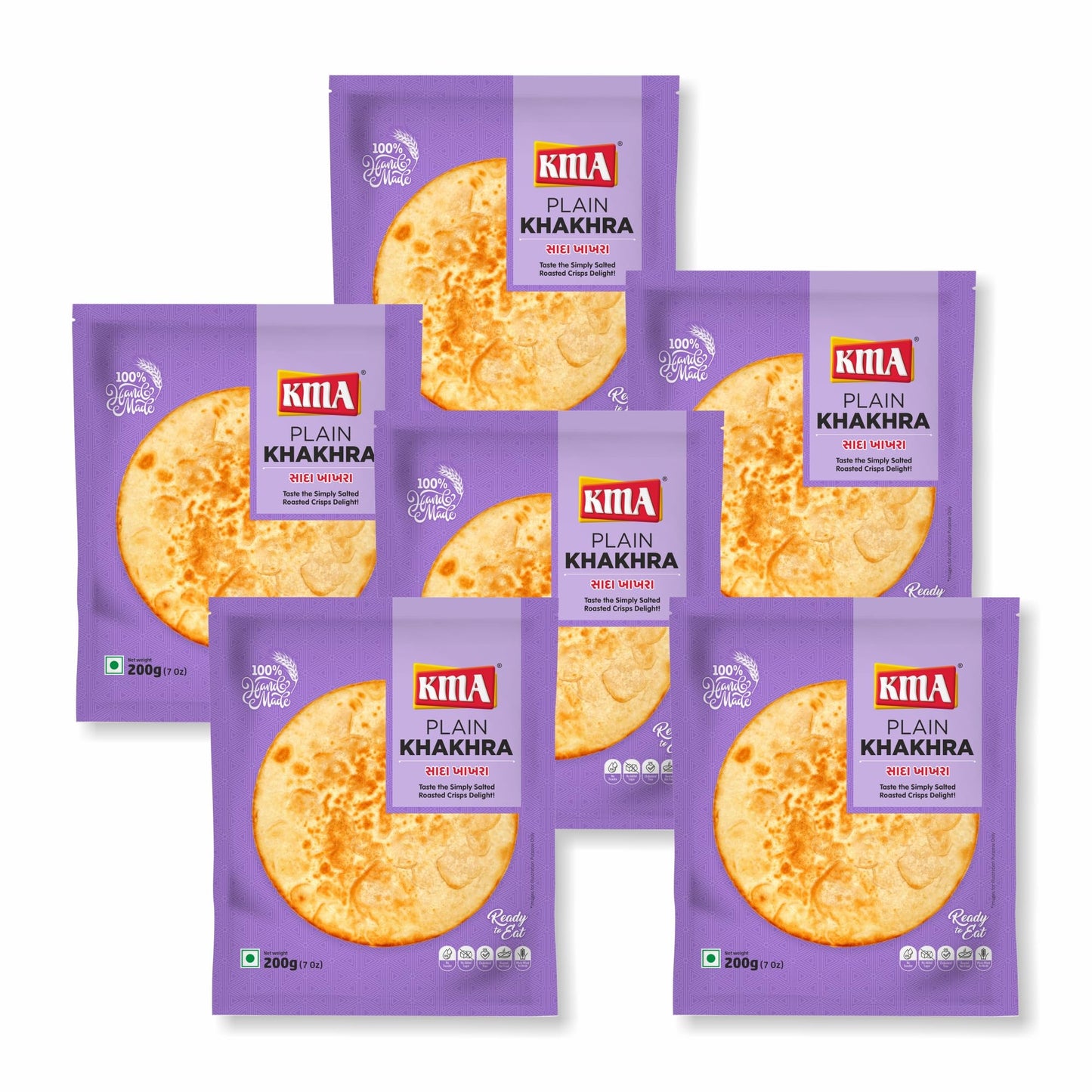 KMA Roasted Plain Khakhra 200 grams - Handmade Fresh Jain Gujarati Khakhra (Plain Salted Flavor), Ready to Eat Indian Snacks, 100% Natural Whole Wheat Snack without Maida, Vacuum Packed for Freshness