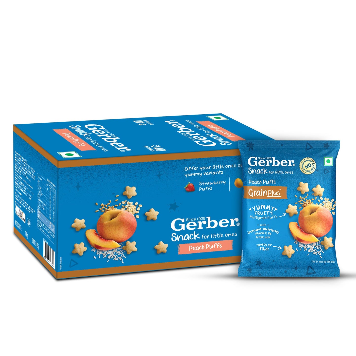 Gerber Snacks Mango Puffs for Kids, Yummy and Nutritious, Made with Multigrain Oats, Wheat & Rice, No Added Colors or Preservatives, Travel Friendly & Ready to Eat Snack For Children, 150g (6X25g)