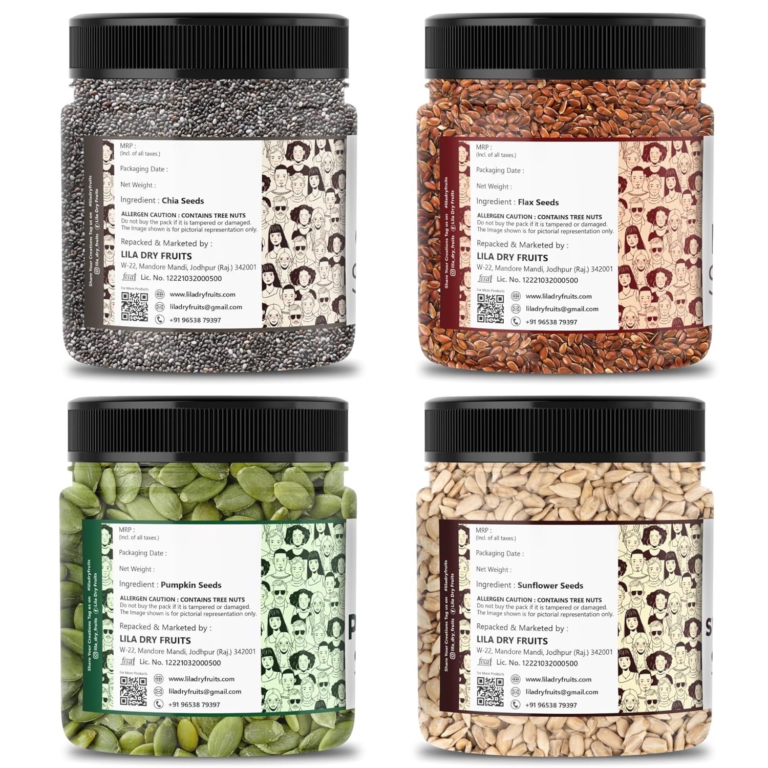 LILA DRY FRUITS 4 Superseed Combo (Chia, Pumpkin, Sunflower & Flax) 250gms each (1kg total) Jar Pack |Immunity combo for Weight Loss | Mix Seeds for Eating | Diet Snacks | Superfood