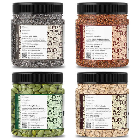 LILA DRY FRUITS 4 Superseed Combo (Chia, Pumpkin, Sunflower & Flax) 250gms each (1kg total) Jar Pack |Immunity combo for Weight Loss | Mix Seeds for Eating | Diet Snacks | Superfood