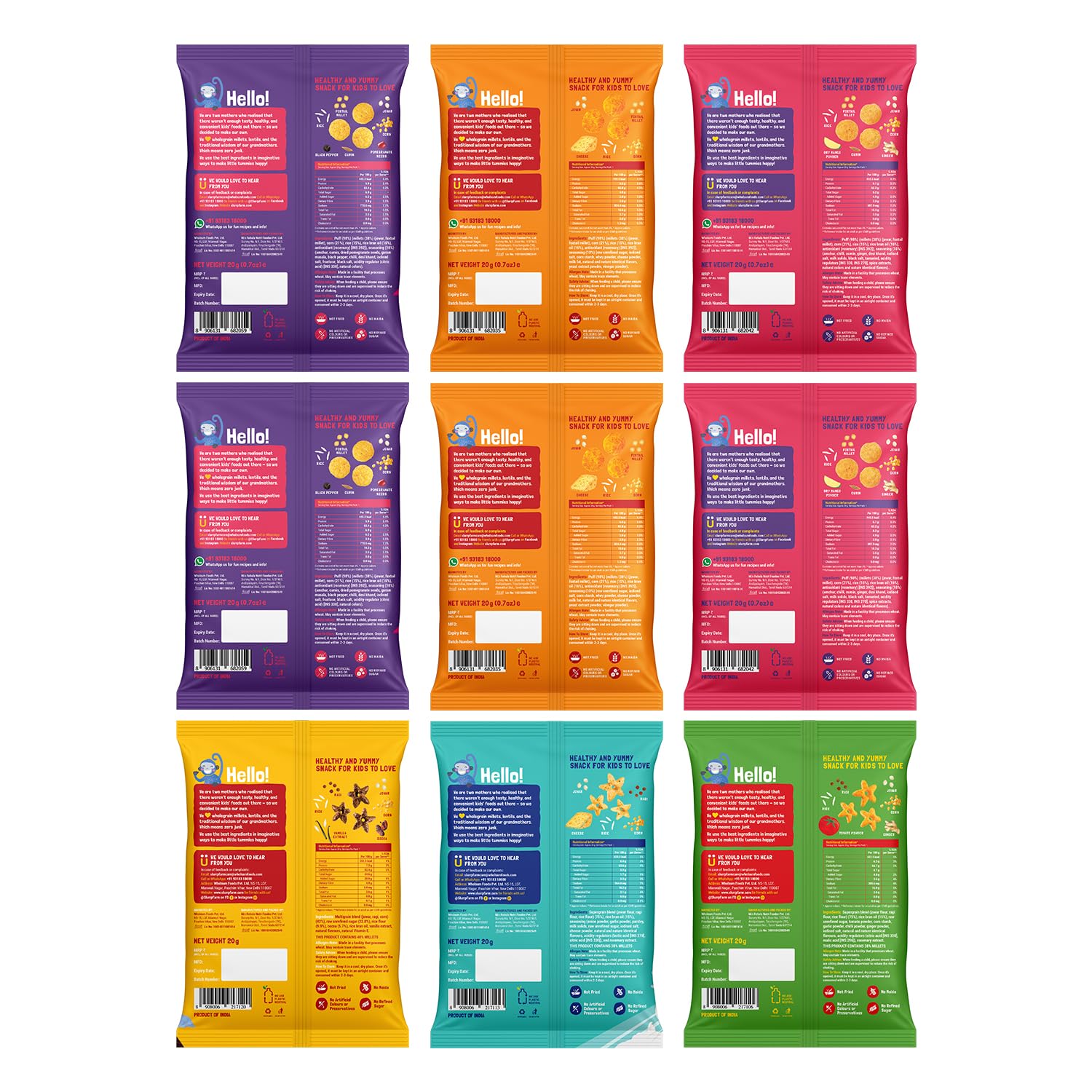 Slurrp Farm Mighty Jowar Puffs | Khatta Meetha, Mild Masala, Cheddar Cheese, Tangy Tomato, Choco Ragi, Cheese & Herbs | Not Fried, No Maida | Healthy Snack for Kids and Travel Friendly | 9 x 20g