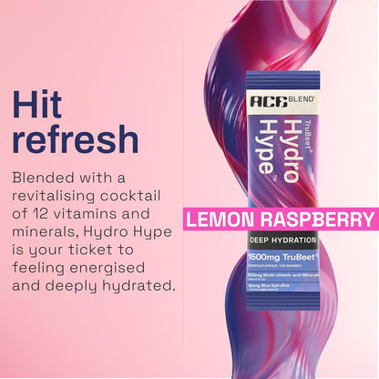 Ace Blend Hydro Hype (5 Sachets) | Boosts Energy & Blood Flow | Instant Hydration | Full-Spectrum Electrolytes | 100% Natural Beetroot Extract Multi Vitamins & Minerals | Lemon Raspberry