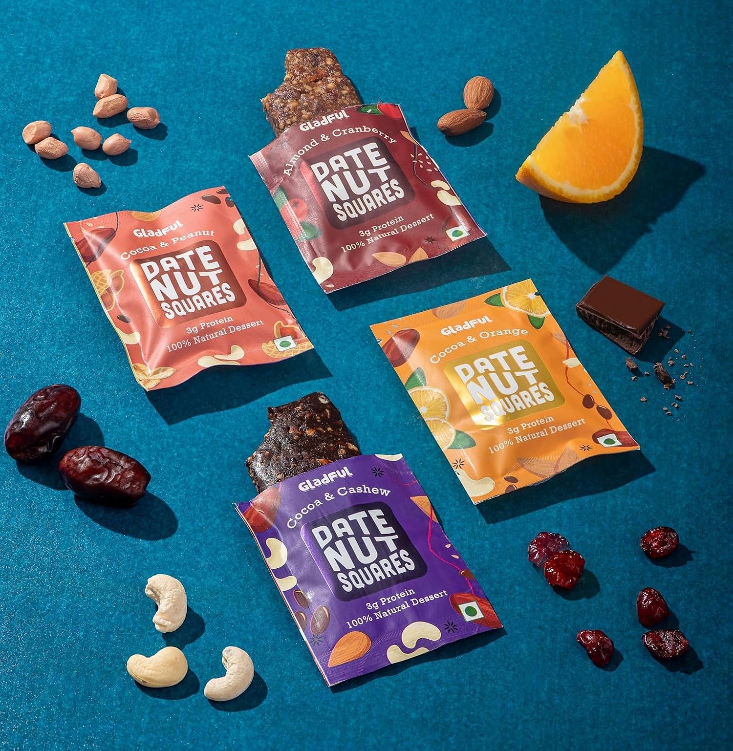 Gladful Assorted Pack Of Date Nut Square - A Healthy, Sugar-Free, Dates And Dry Fruits Based Dessert Bites/ Barfi/Chakki For Kids And Families | High In Protein Source Of Instant Energy (20Gram X 8)