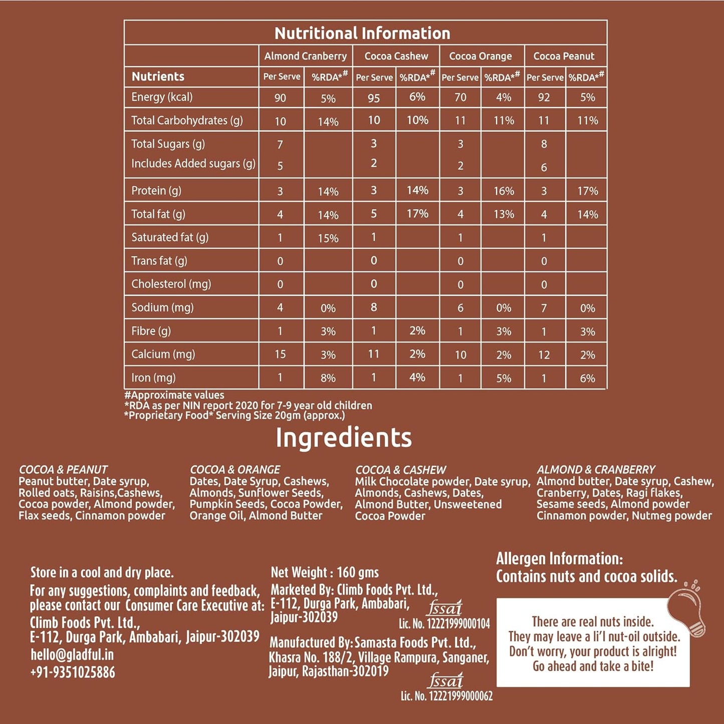 Gladful Assorted Pack Of Date Nut Square - A Healthy, Sugar-Free, Dates And Dry Fruits Based Dessert Bites/ Barfi/Chakki For Kids And Families | High In Protein Source Of Instant Energy (20Gram X 8)