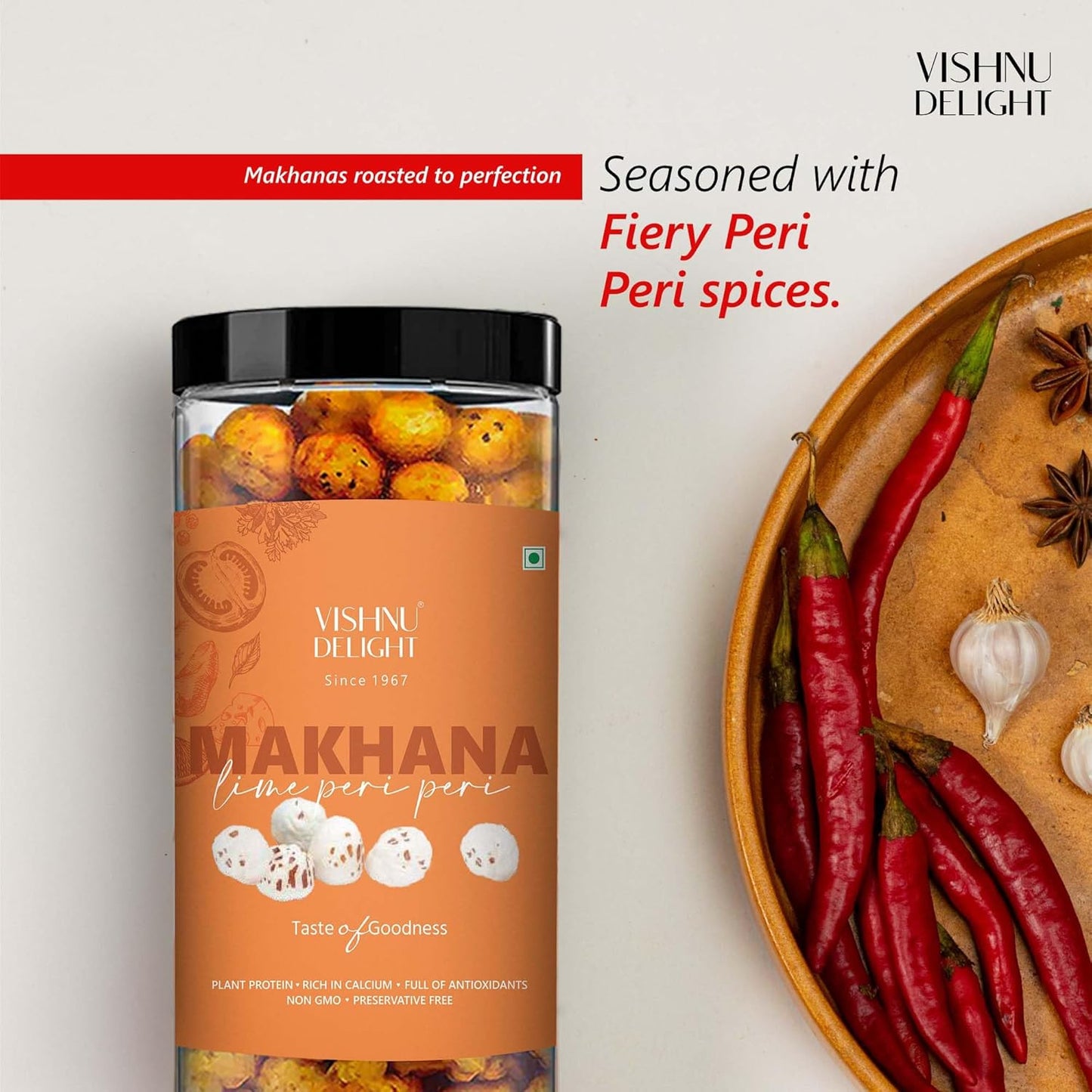 Vishnu Delight Roasted Makhana Combo Pack - 4 of 90g Each flavor - Mint Masti, Fiery Peri Peri, Tangy Tomato, Himalayan Salt & Pepper - Crunchy, Deliciously, and Full of Flavorful Indian Spices Snacks