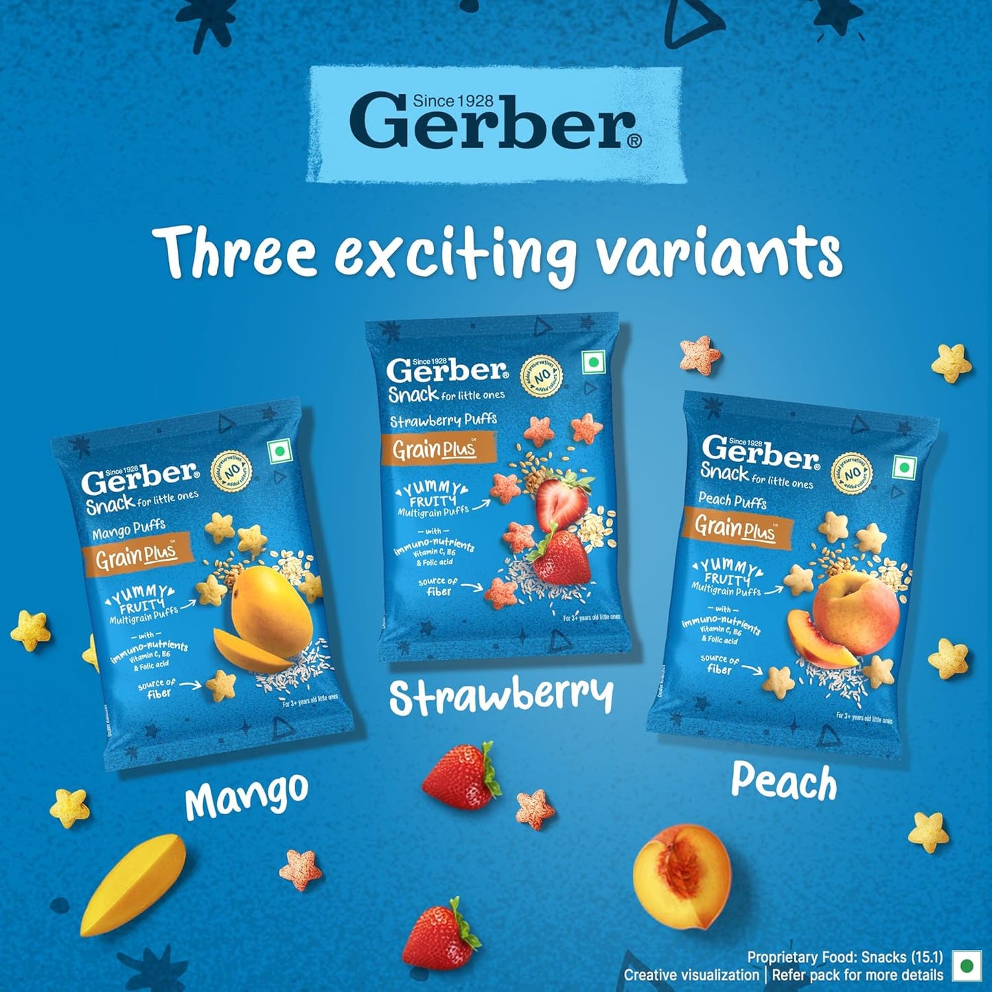 Gerber Snacks Mango Puffs for Kids, Yummy and Nutritious, Made with Multigrain Oats, Wheat & Rice, No Added Colors or Preservatives, Travel Friendly & Ready to Eat Snack For Children, 150g (6X25g)