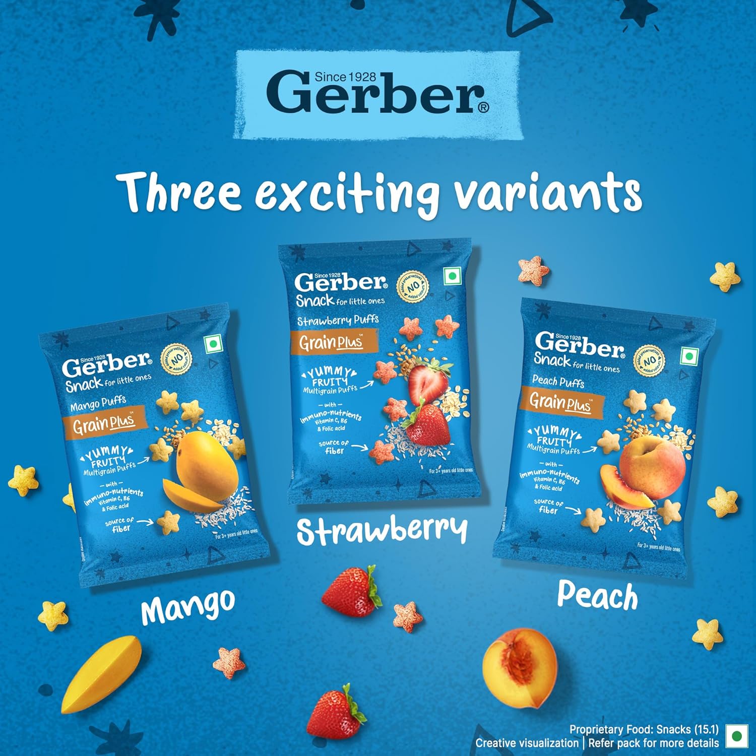 Gerber Snacks Mango Puffs for Kids, Yummy and Nutritious, Made with Multigrain Oats, Wheat & Rice, No Added Colors or Preservatives, Travel Friendly & Ready to Eat Snack For Children, 150g (6X25g)