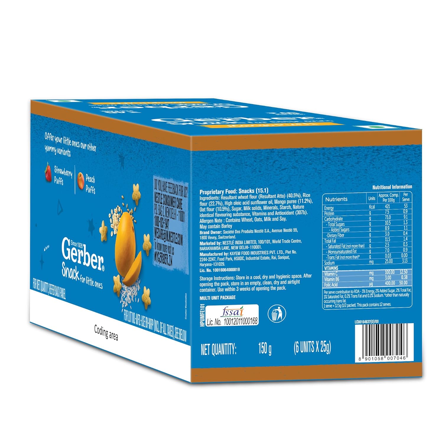 Gerber Snacks Mango Puffs for Kids, Yummy and Nutritious, Made with Multigrain Oats, Wheat & Rice, No Added Colors or Preservatives, Travel Friendly & Ready to Eat Snack For Children, 150g (6X25g)