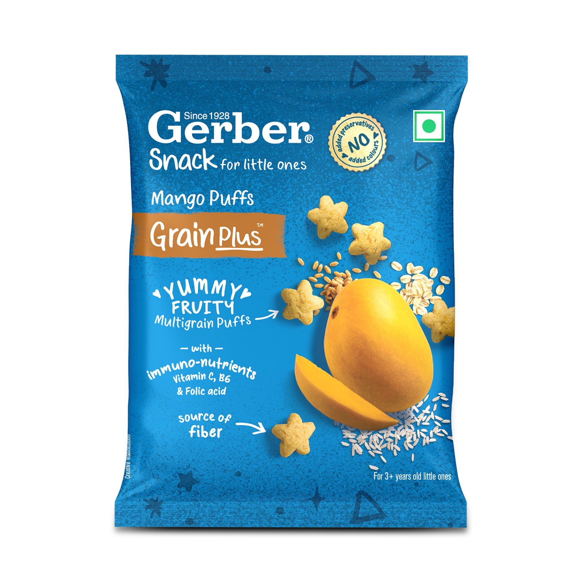 Gerber Snacks Mango Puffs for Kids, Yummy and Nutritious, Made with Multigrain Oats, Wheat & Rice, No Added Colors or Preservatives, Travel Friendly & Ready to Eat Snack For Children, 150g (6X25g)