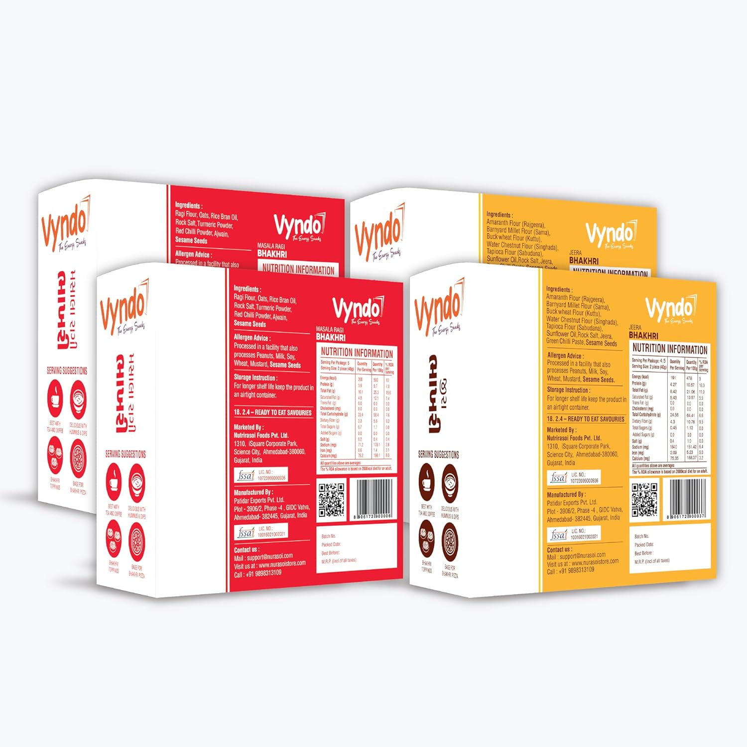Vyndo Jain Bhakhri Combo - 180 gm each (Jeera Bhakhri Pack 2 + Masala Raagi Bhakhri Pack 2), Millet Snacks | Healthy Snacks, Gluten free, No Garlic, No Onion