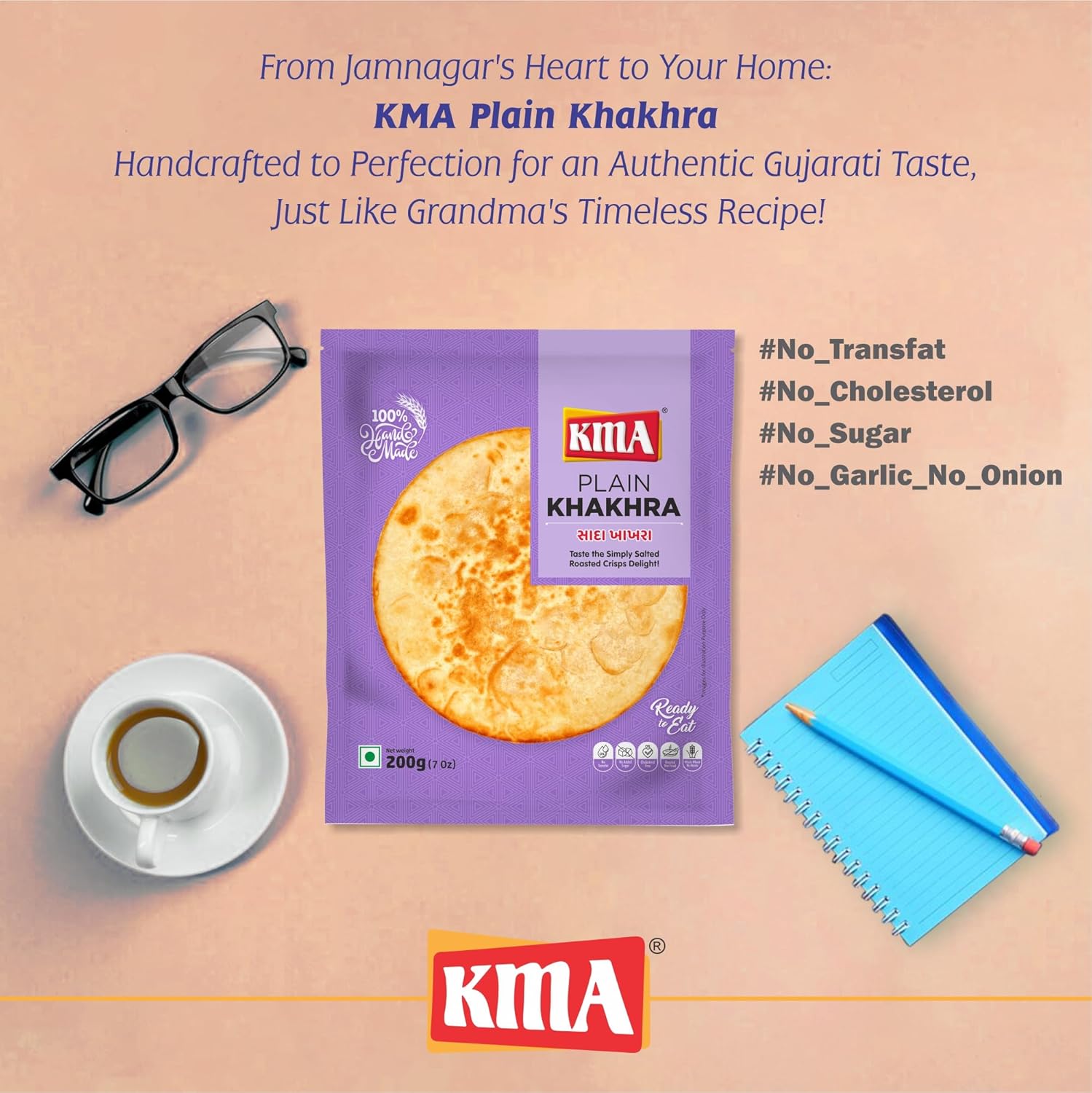 KMA Roasted Plain Khakhra 200 grams - Handmade Fresh Jain Gujarati Khakhra (Plain Salted Flavor), Ready to Eat Indian Snacks, 100% Natural Whole Wheat Snack without Maida, Vacuum Packed for Freshness