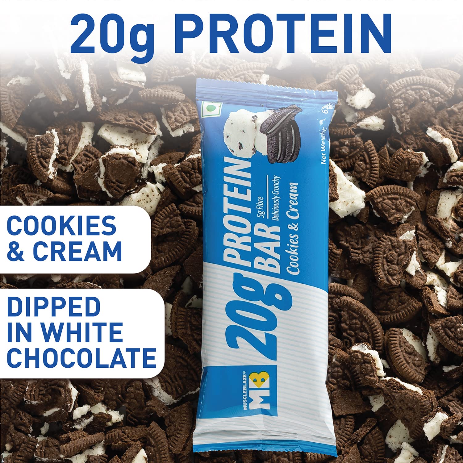 MuscleBlaze 20g Protein Bar (Cookies & Cream, Pack of 6) | Protein Blend, Healthy Protein Snacks | For Energy & Fitness