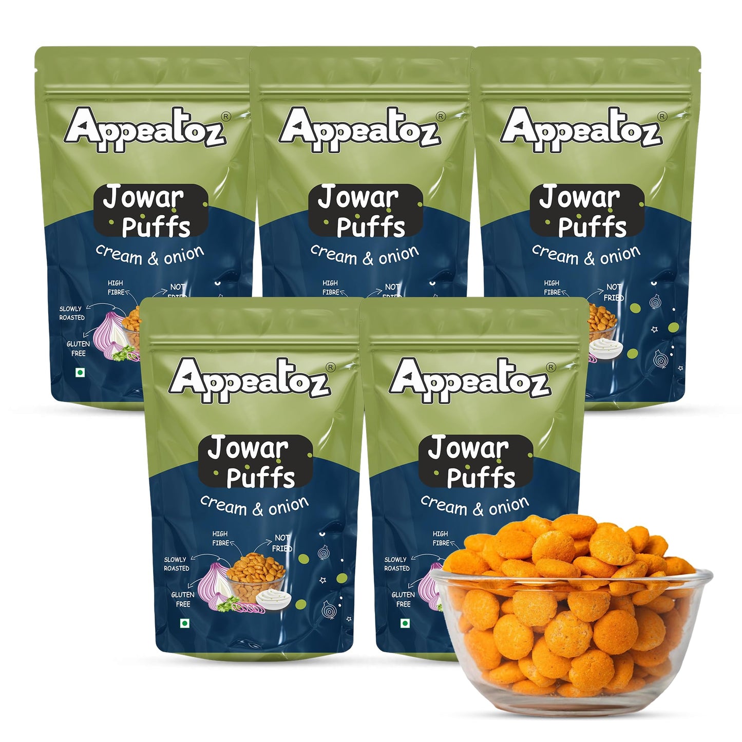 Appeatoz Jowar Puffs - Magic Masala | Roasted, Not Fried | Gluten-Free & High Protein | No Added Sugar | Healthy Baked Snack for Kids & Adults | Sorghum-Based | Crunchy Snack | Pack of 5