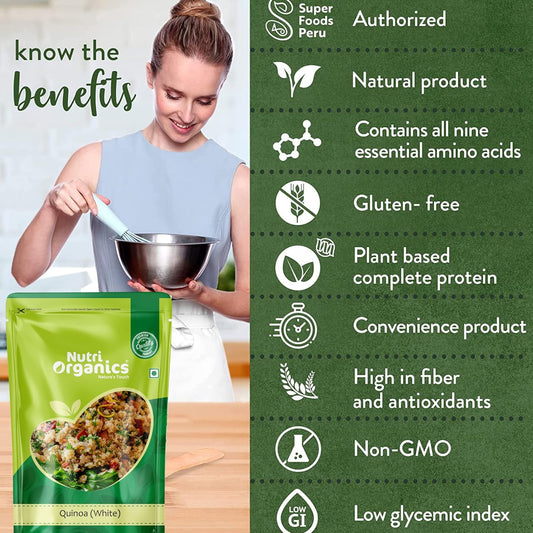NutriOrganics Premium Quinoa 1kg - Gluten Free Quinoa, Healthy Breakfast, Diet Food for Weight Management