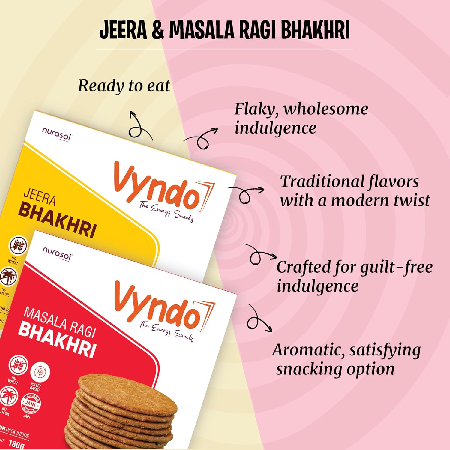 Vyndo Jain Bhakhri Combo - 180 gm each (Jeera Bhakhri Pack 2 + Masala Raagi Bhakhri Pack 2), Millet Snacks | Healthy Snacks, Gluten free, No Garlic, No Onion