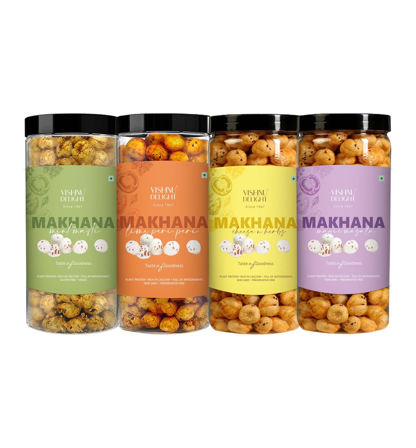 Vishnu Delight Roasted Makhana Combo Pack - 4 of 90g Each flavor - Mint Masti, Fiery Peri Peri, Tangy Tomato, Himalayan Salt & Pepper - Crunchy, Deliciously, and Full of Flavorful Indian Spices Snacks