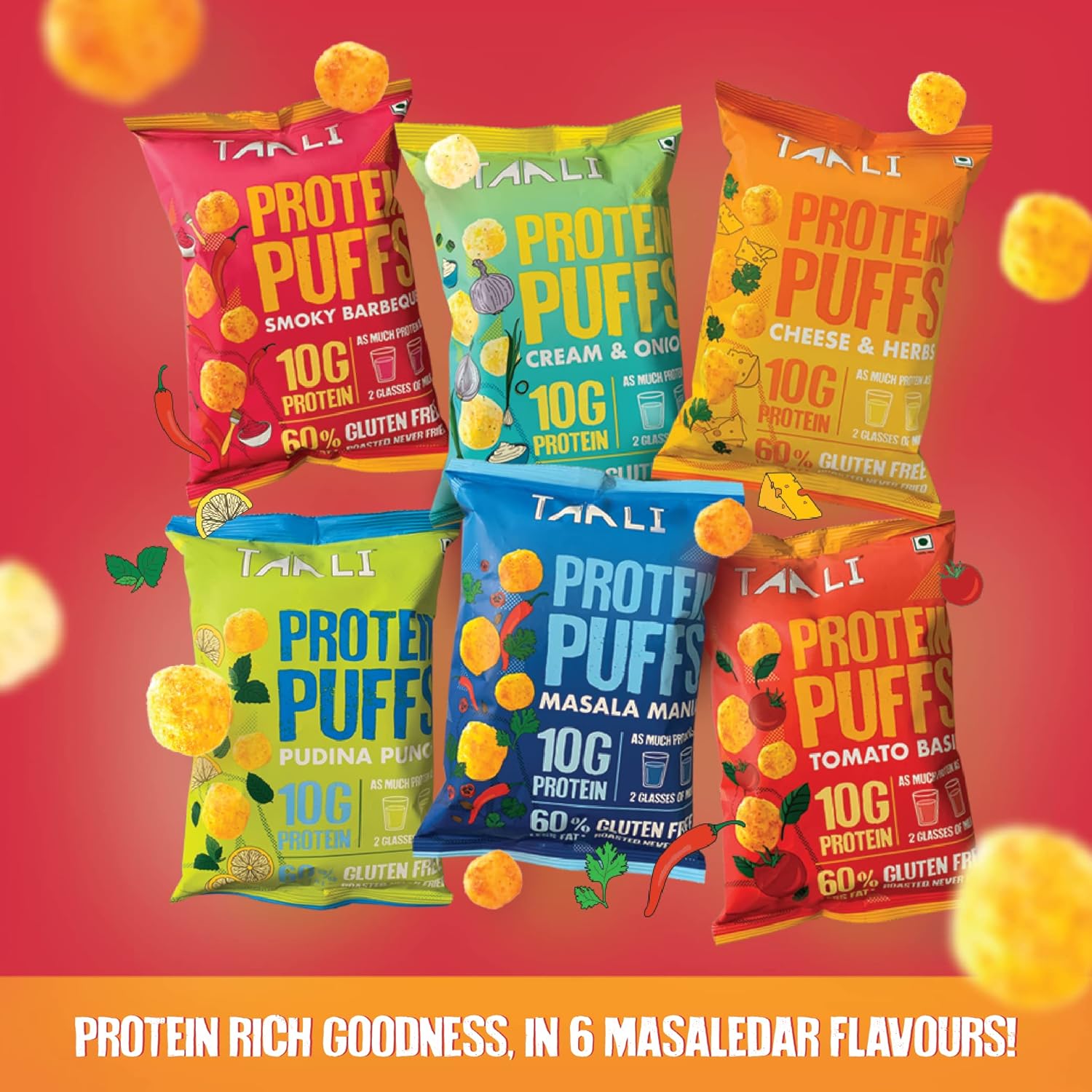 Taali Protein Puffs | 60 gm (Pack of 6) | Try All Flavors Pack | Healthy Roasted Tasty Snacks | 100% Veg., Gluten Free, No Cholesterol, No Trans-Fat