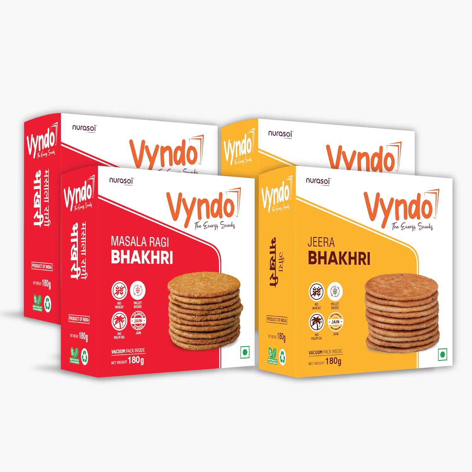 Vyndo Jain Bhakhri Combo - 180 gm each (Jeera Bhakhri Pack 2 + Masala Raagi Bhakhri Pack 2), Millet Snacks | Healthy Snacks, Gluten free, No Garlic, No Onion